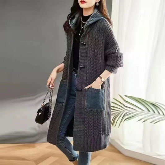 Spring And Autumn Cardigan Mid-length Loose Western Style Outer Wear Hooded Knitted Top - adritiX