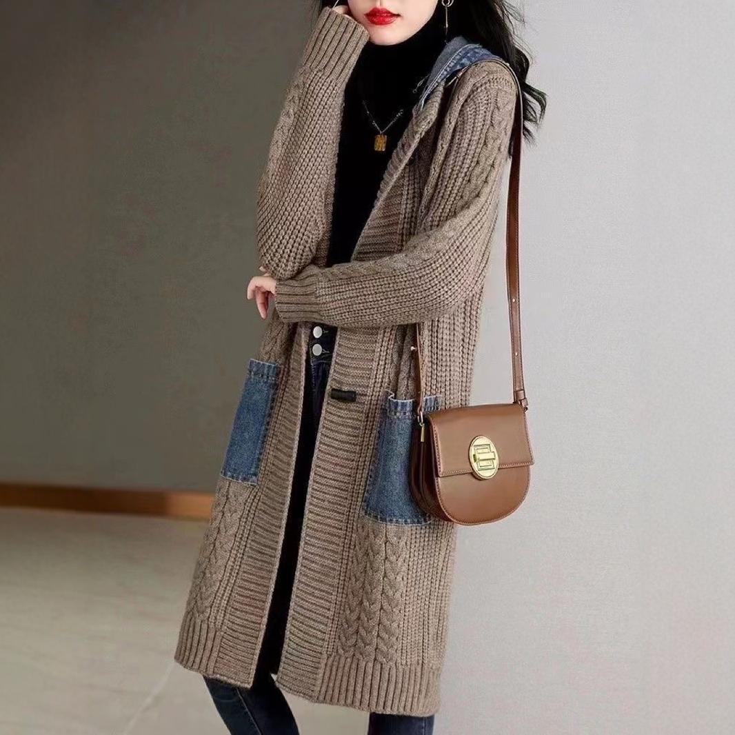 Spring And Autumn Cardigan Mid-length Loose Western Style Outer Wear Hooded Knitted Top - adritiX
