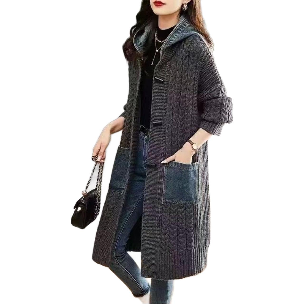 Spring And Autumn Cardigan Mid-length Loose Western Style Outer Wear Hooded Knitted Top - adritiX