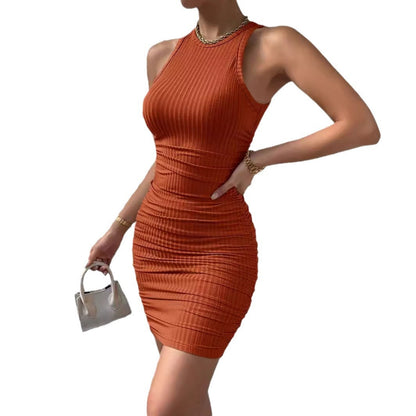 Elegant Sleeveless Round Neck Pleated Elastic Short Skirt Party Dress - adritiX