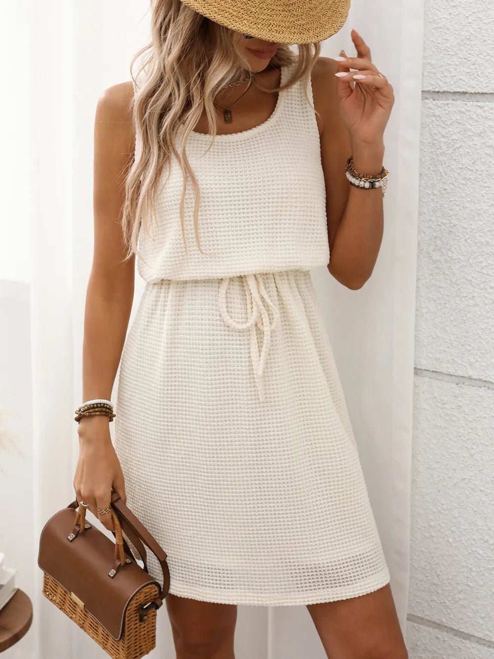 Waffle - Knit Drawstring Mini Tank Dress - adritiX