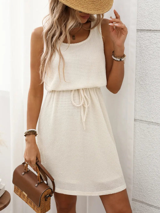 Waffle - Knit Drawstring Mini Tank Dress - adritiX