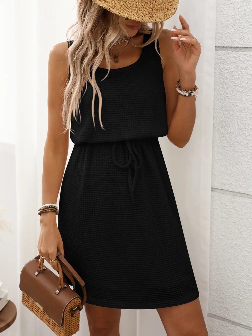 Waffle - Knit Drawstring Mini Tank Dress - adritiX