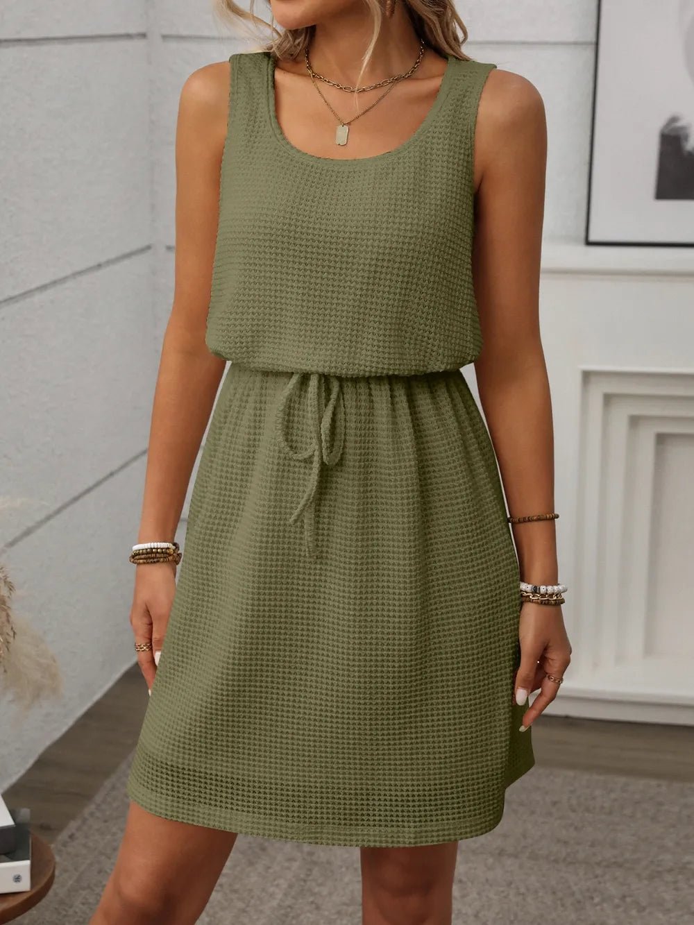 Waffle - Knit Drawstring Mini Tank Dress - adritiX