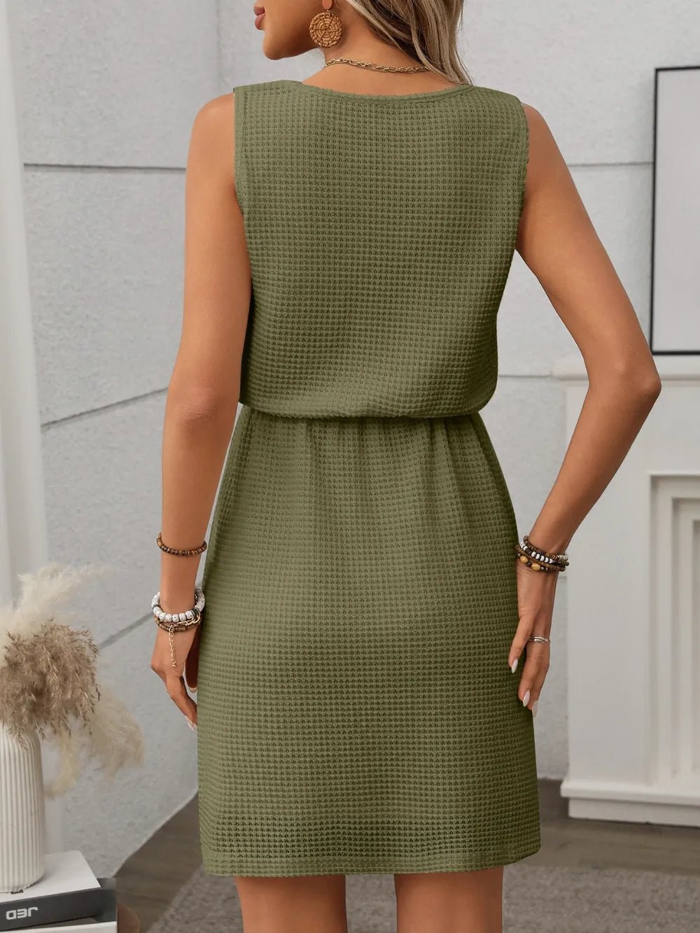 Waffle - Knit Drawstring Mini Tank Dress - adritiX