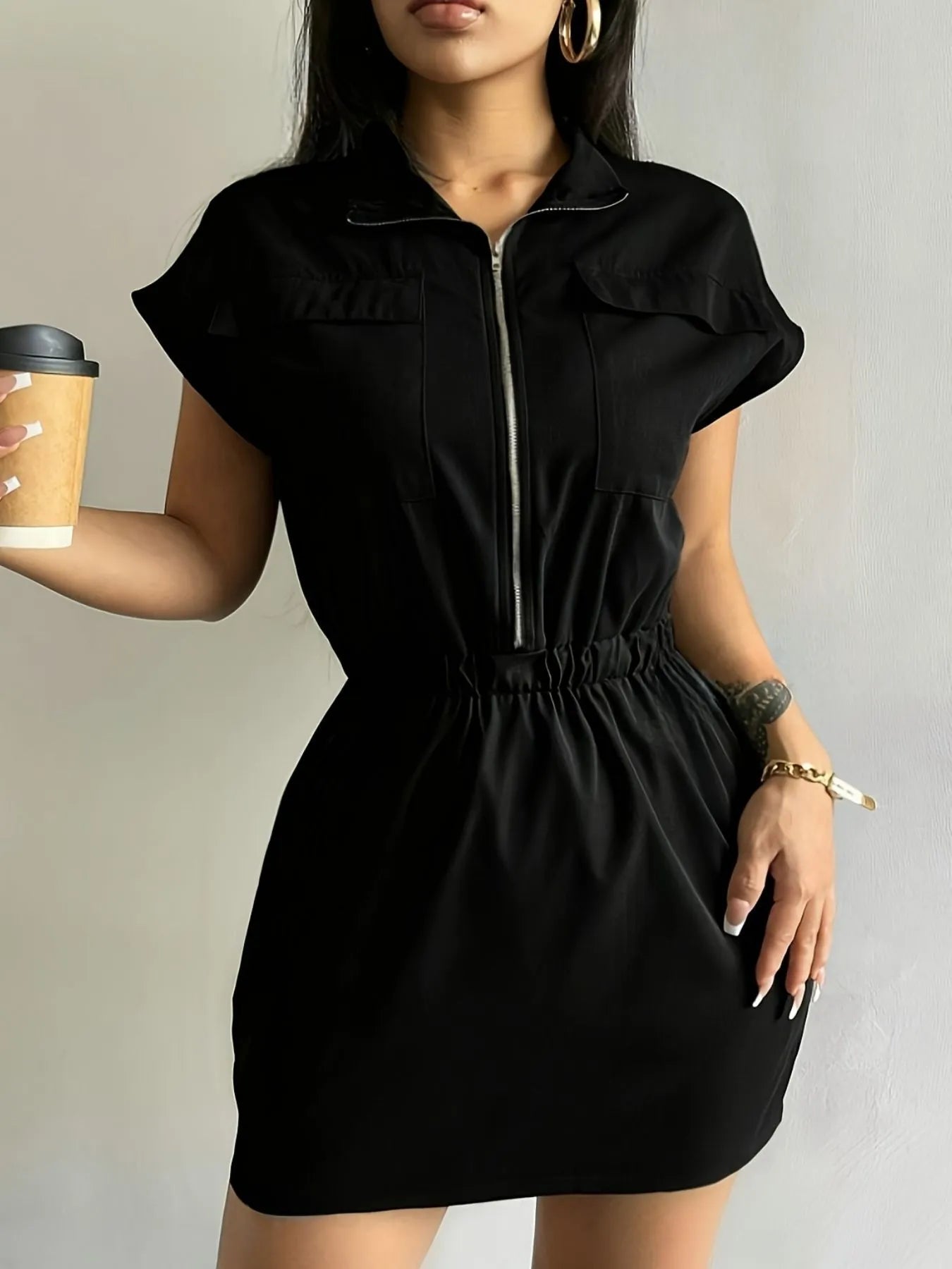 Zipper Front Short Sleeve Mini Dress - adritiX