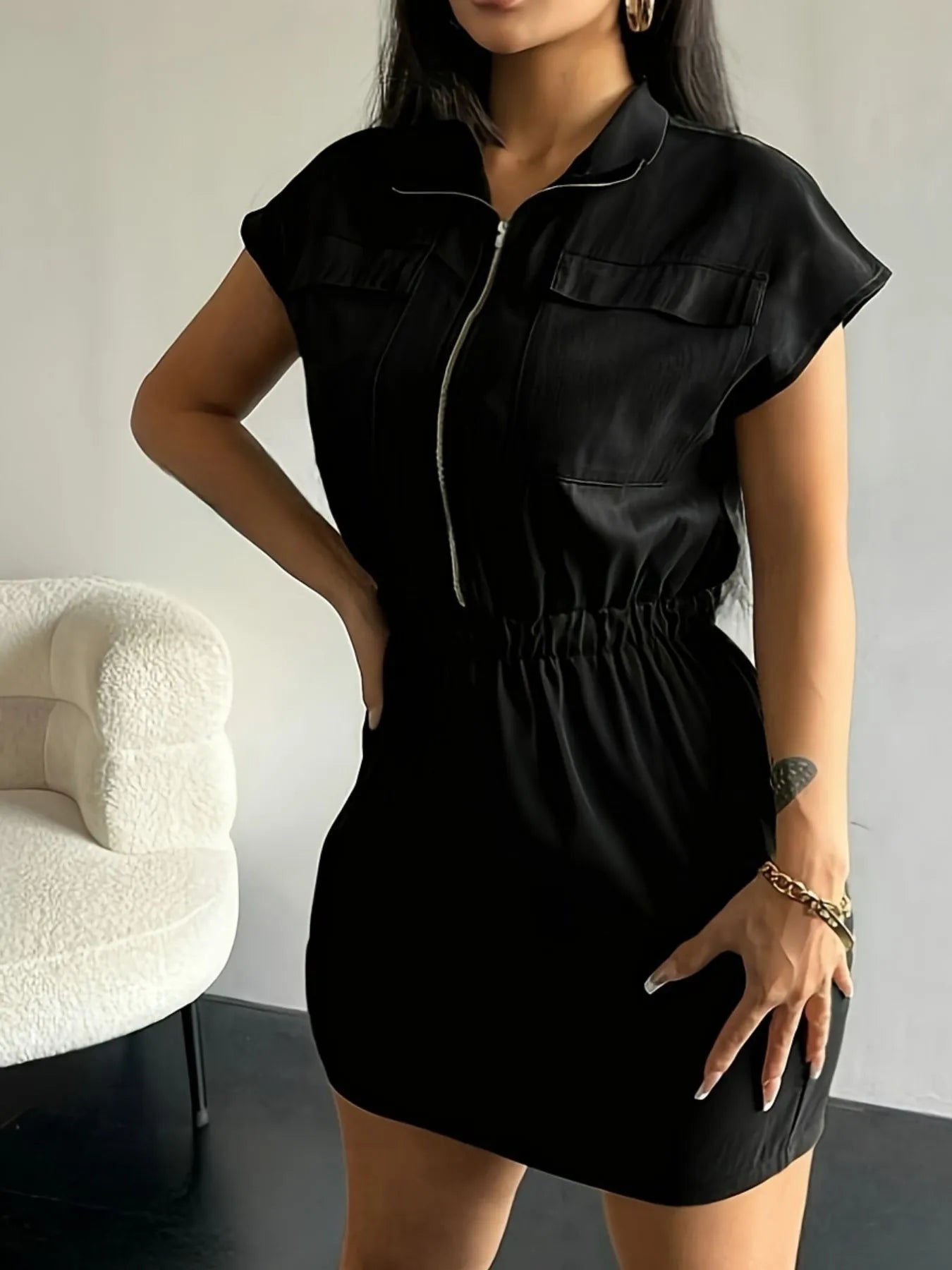 Zipper Front Short Sleeve Mini Dress - adritiX