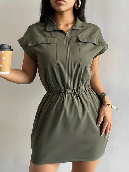 Zipper Front Short Sleeve Mini Dress - adritiX