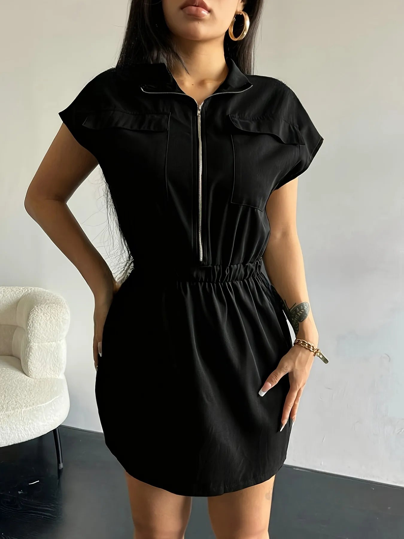 Zipper Front Short Sleeve Mini Dress - adritiX