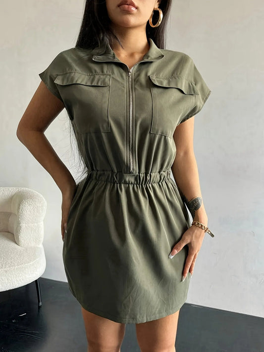 Zipper Front Short Sleeve Mini Dress - adritiX