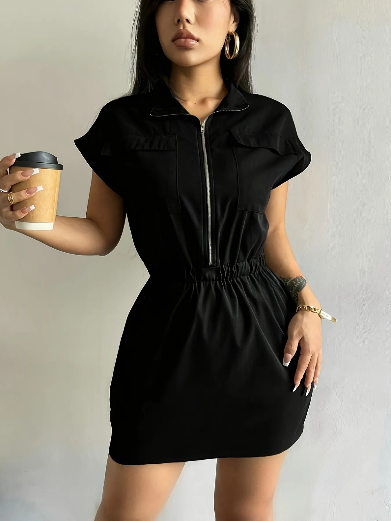 Zipper Front Short Sleeve Mini Dress - adritiX