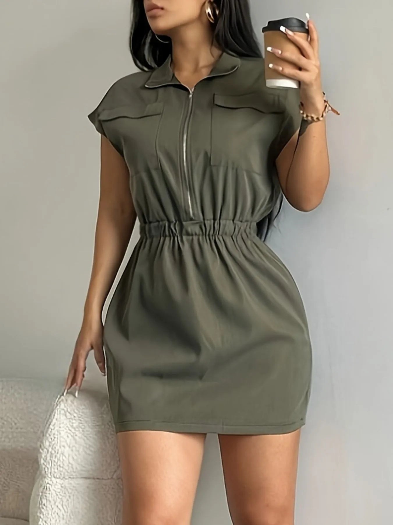 Zipper Front Short Sleeve Mini Dress - adritiX